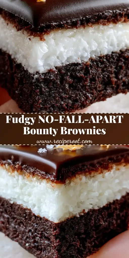 A thick square Bounty Brownie held by a hand showing three distinct layers: dark chocolate, white coconut, and glossy ganache topping. (Bounty Brownies)