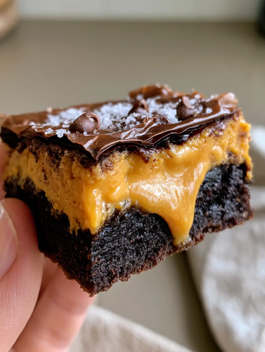 Peanut Butter Stuffed Brownies: The Ultimate Fudgy Molten Recipe 3 Macro shot of a thick brownie with a dark fudgy foundation and a 1-inch layer of molten bright golden creamy peanut butter. (peanut butter stuffed brownies)