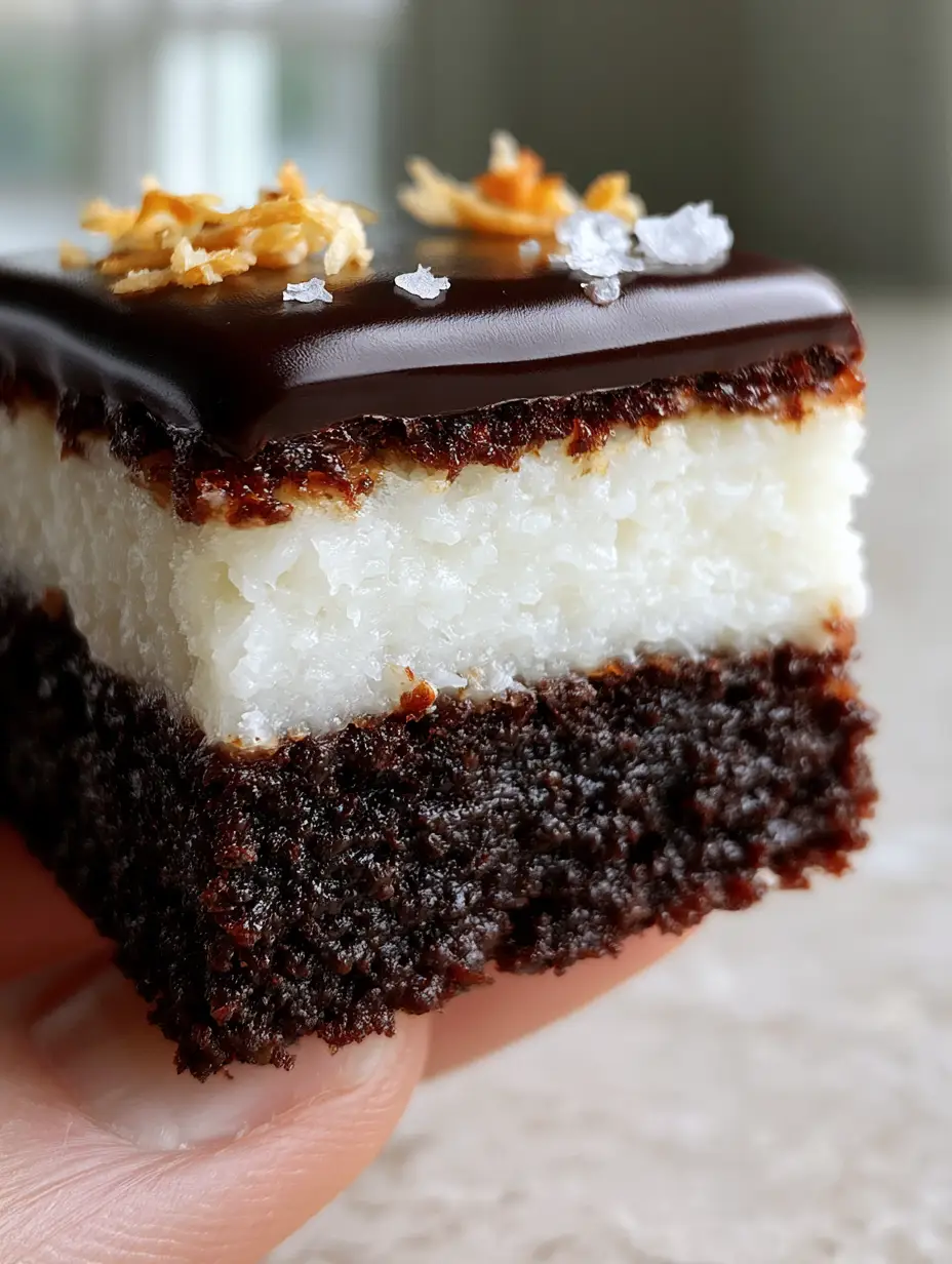 Extreme macro close-up of Bounty Brownies showing the dense moist crumb of the dark brownie foundation and creamy coconut filling. (Bounty Brownies)