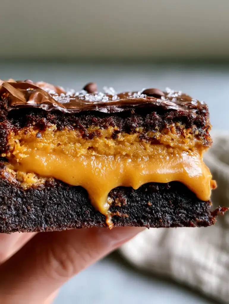 Peanut Butter Stuffed Brownies: The Ultimate Fudgy Molten Recipe 1 A close-up of the crinkled papery top crust of a peanut butter stuffed brownie with mini semi-sweet chocolate chips and sea salt.