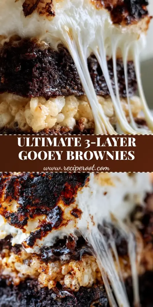 Flourless Marshmallow Crunch Brownies: The Ultimate Fudgy & Gooey Dessert 4 A stack of flourless marshmallow crunch brownies showing a dark fudgy base, rice cereal layer, and toasted marshmallow pull strands.