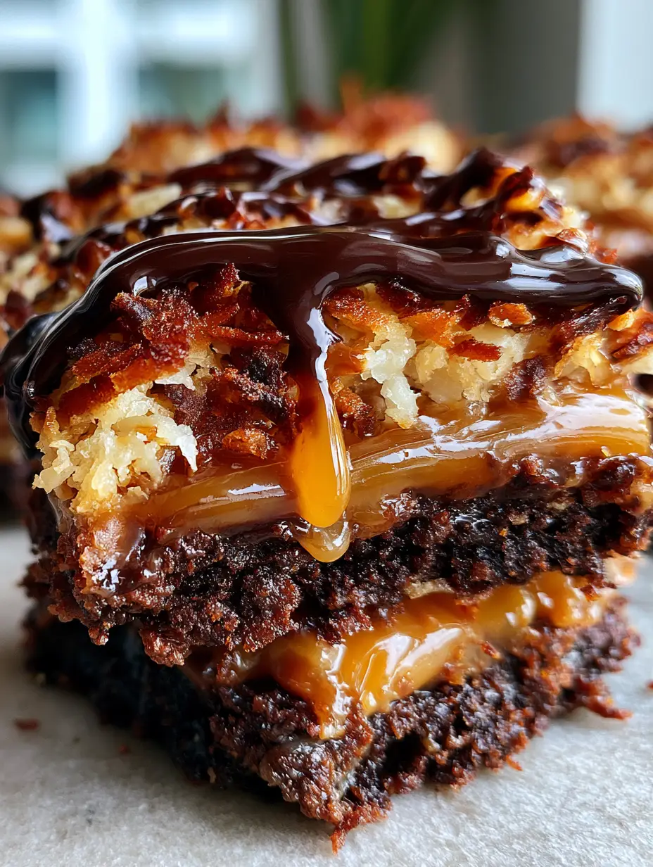 Samoa Brownies: The Ultimate Fudgy Caramel and Toasted Coconut Bars 4 Close-up of Samoa Brownies showing the dense fudgy chocolate base and moist crumbs.