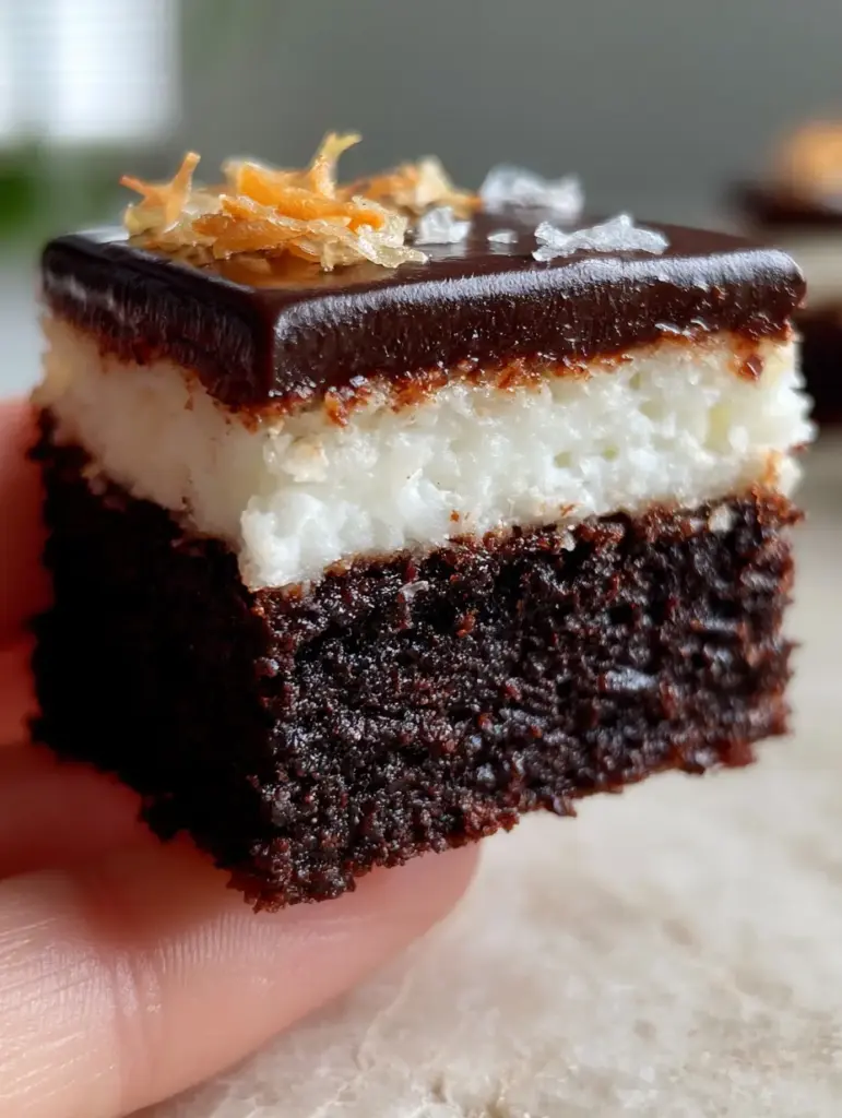 A close-up of the glossy dark chocolate ganache topped with toasted golden coconut flakes and flaky sea salt on a Bounty Brownie.