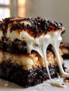 Macro cross-section of flourless marshmallow crunch brownies with charred marshmallow edges and glistening chocolate oil.