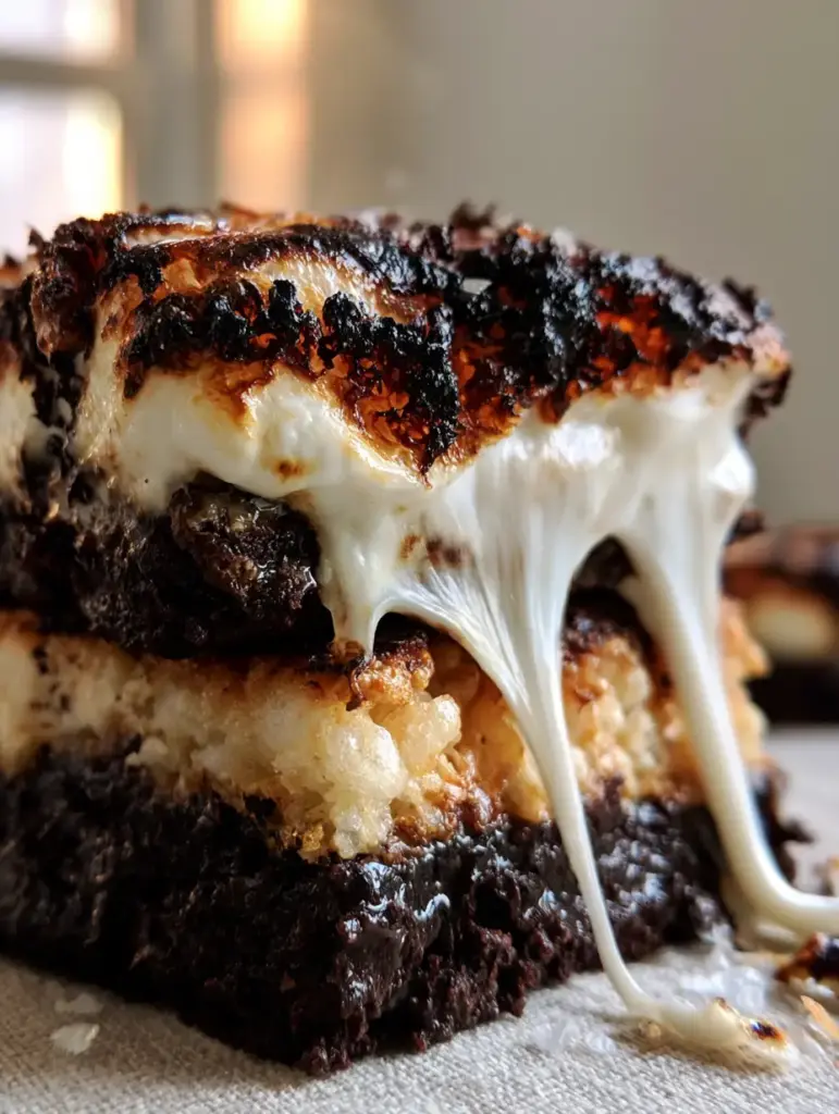 Flourless Marshmallow Crunch Brownies: The Ultimate Fudgy & Gooey Dessert 2 Macro cross-section of flourless marshmallow crunch brownies with charred marshmallow edges and glistening chocolate oil.