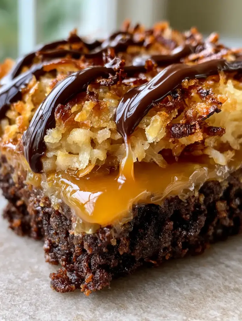 Samoa Brownies: The Ultimate Fudgy Caramel and Toasted Coconut Bars 1 Samoa Brownies with a single drop of caramel pulling away from the center coconut layer.