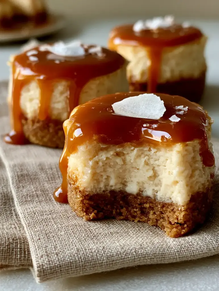 Mini Caramel Cheesecakes with Glossy Salted Topping 1 Close up of a mini caramel cheesecake with a bite taken out, revealing the dense, silky interior and glossy caramel drip.