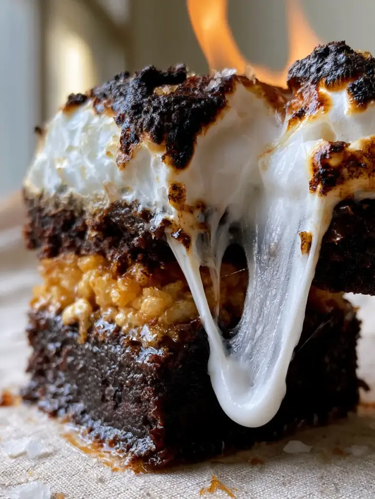 Flourless Marshmallow Crunch Brownies: The Ultimate Fudgy & Gooey Dessert 1 Detailed view of the crispy puffed rice layer and elastic marshmallow strands in flourless marshmallow crunch brownies.