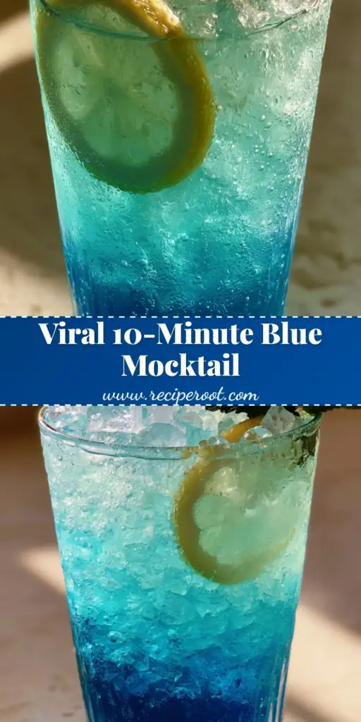 Blue Mocktail: The Ultimate Glowing Electric Blue Ombre Lemonade 3 A tall ribbed glass featuring a Blue Mocktail with a sapphire to turquoise ombre gradient, topped with mint and lemon on a stone counter.