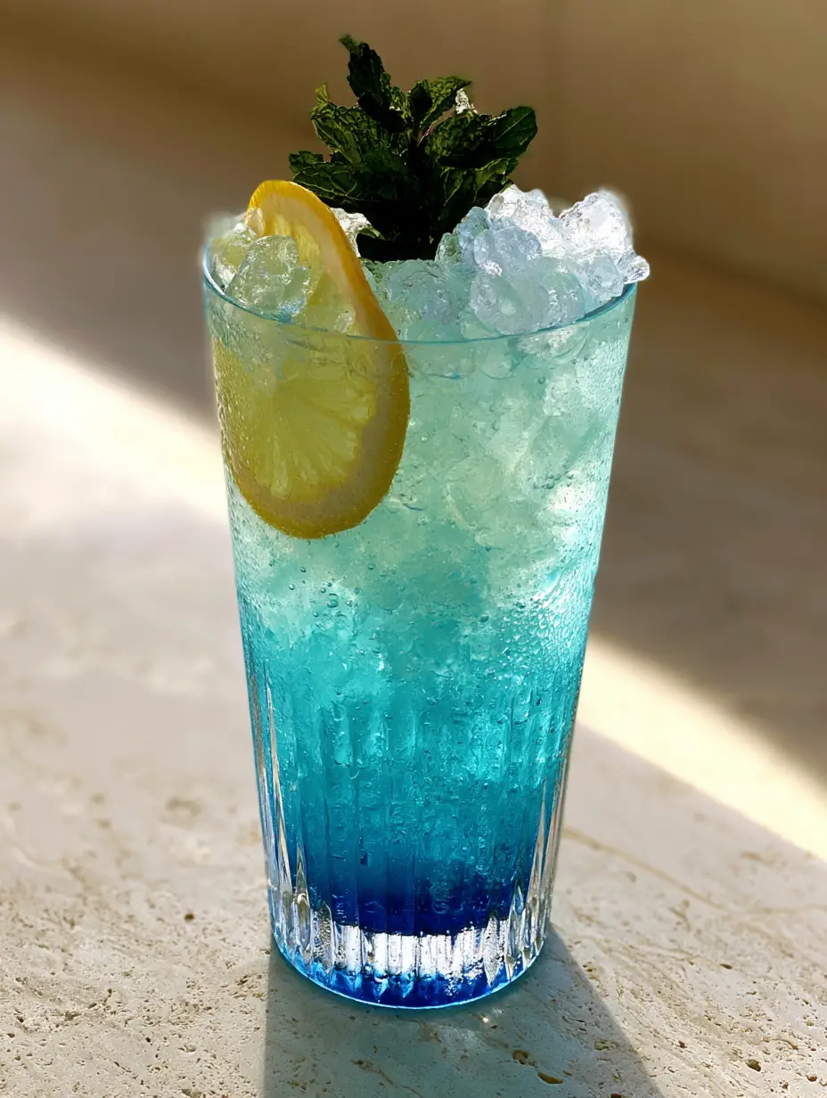 Blue Mocktail: The Ultimate Glowing Electric Blue Ombre Lemonade 4 Close up of a Blue Mocktail in a ribbed glass showing carbonation bubbles and condensation droplets.