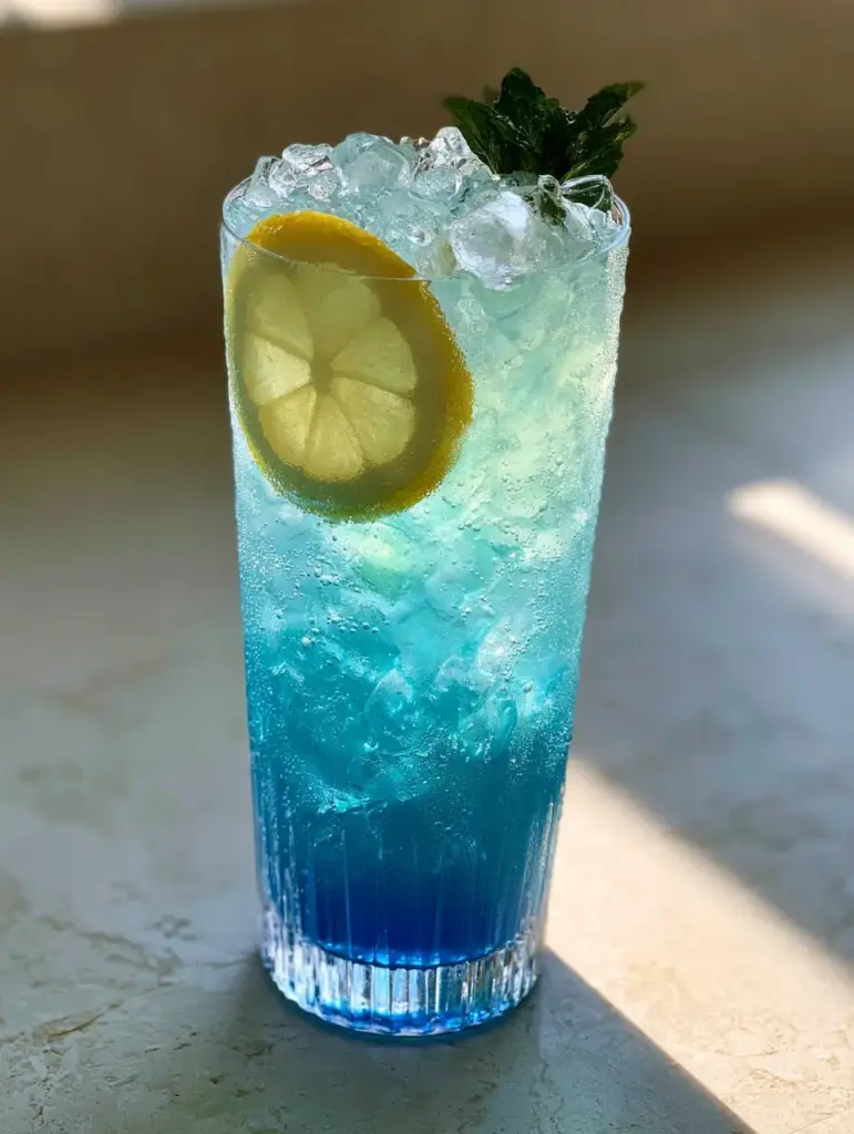 Blue Mocktail: The Ultimate Glowing Electric Blue Ombre Lemonade 1 Blue Mocktail sitting on an off-white stone countertop in soft morning sunlight.