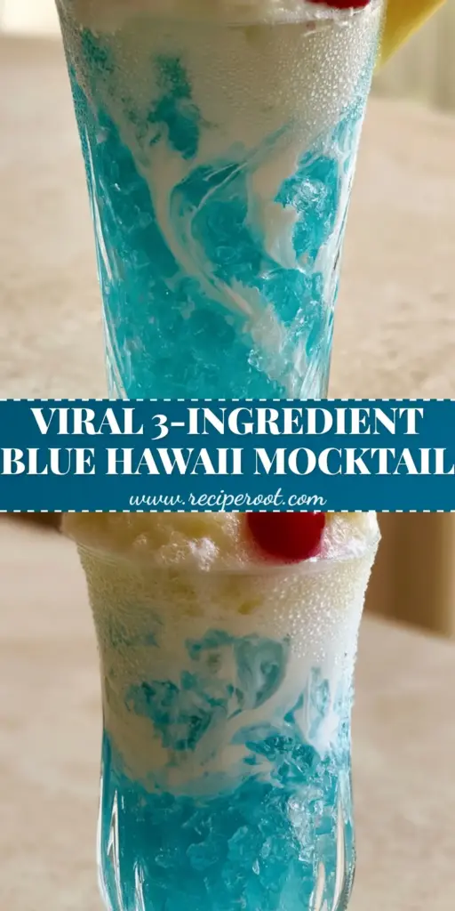 A Blue Hawaii Mocktail in a ribbed crystal glass featuring a marbleized electric blue liquid and white coconut cream, topped with pineapple foam and a cherry.