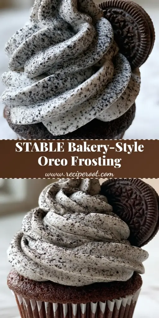 Oreo frosting: The Ultimate Stiff Cookies and Cream Buttercream 3 A tall, stable swirl of Oreo frosting with sharp ridges on a chocolate cupcake, garnished with a whole Oreo.