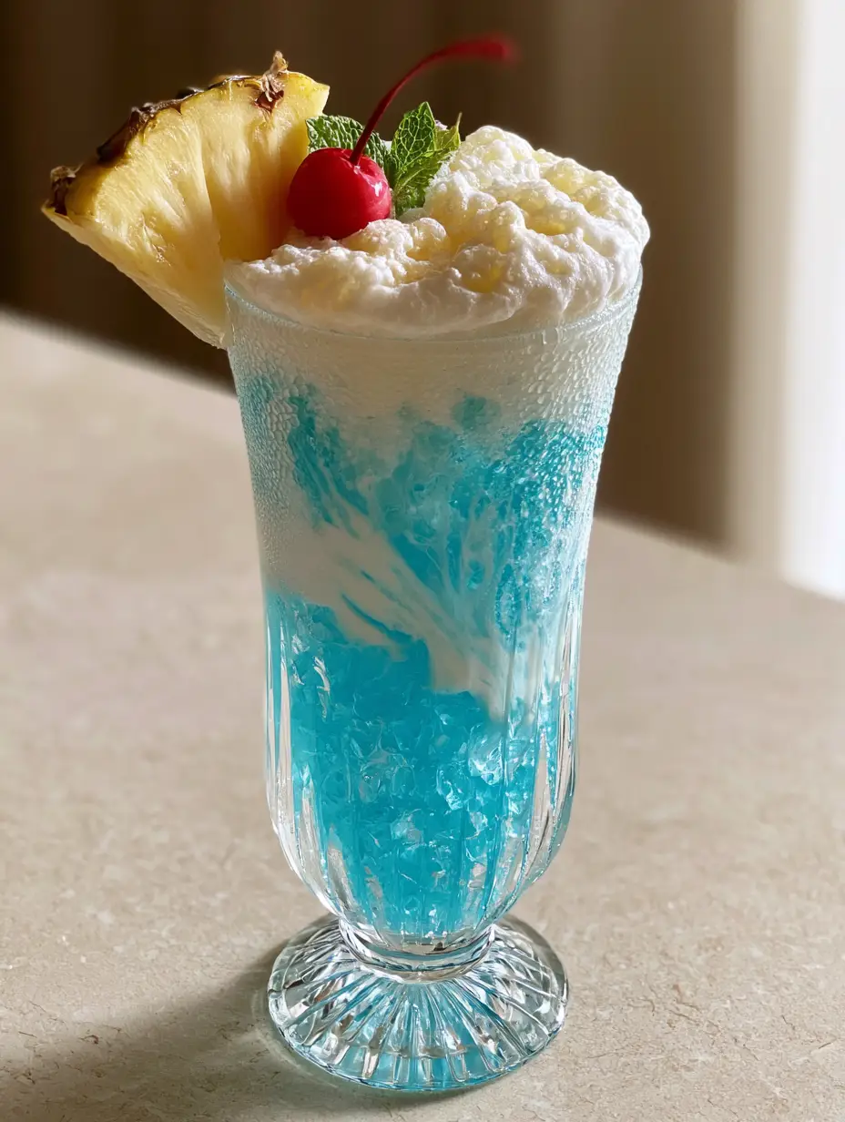 Smartphone photo of a layered Blue Hawaii Mocktail on a beige stone surface showing condensation and a coconut cream swirl.