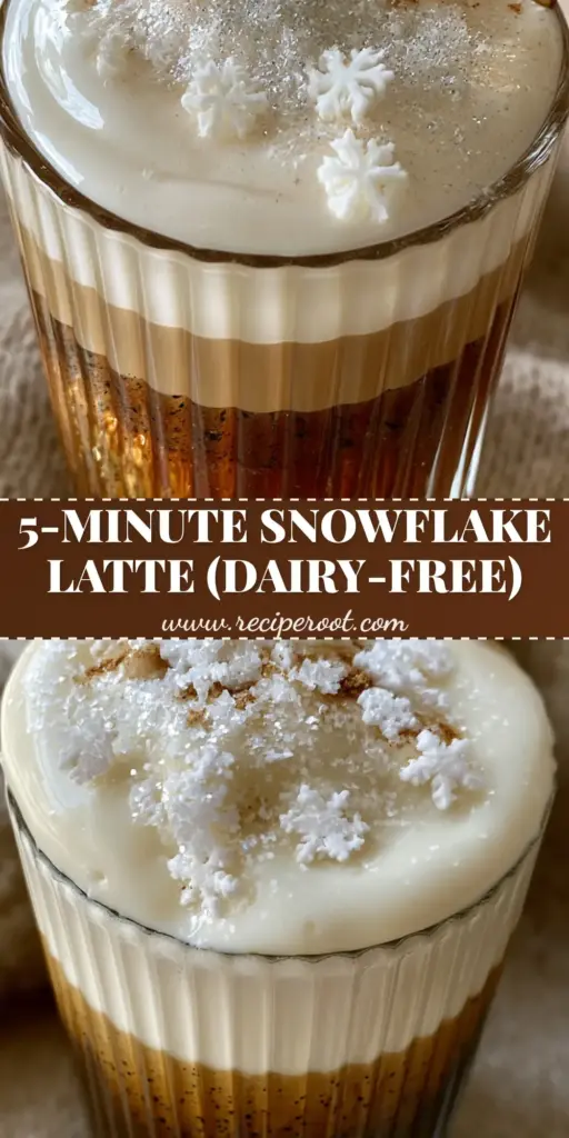 A handheld photo of a layered Vanilla Almond Snowflake Latte in a ribbed glass mug with white snowflake sprinkles and silver glitter.