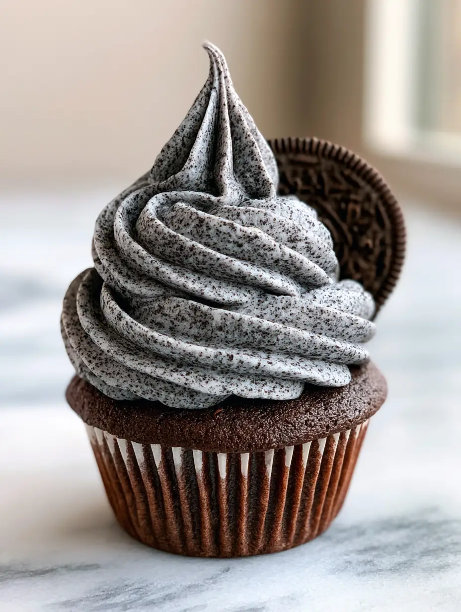 Oreo frosting: The Ultimate Stiff Cookies and Cream Buttercream 4 Close up of Oreo frosting showing the micro-fine grey and black speckled cocoa dust and velvety matte texture.