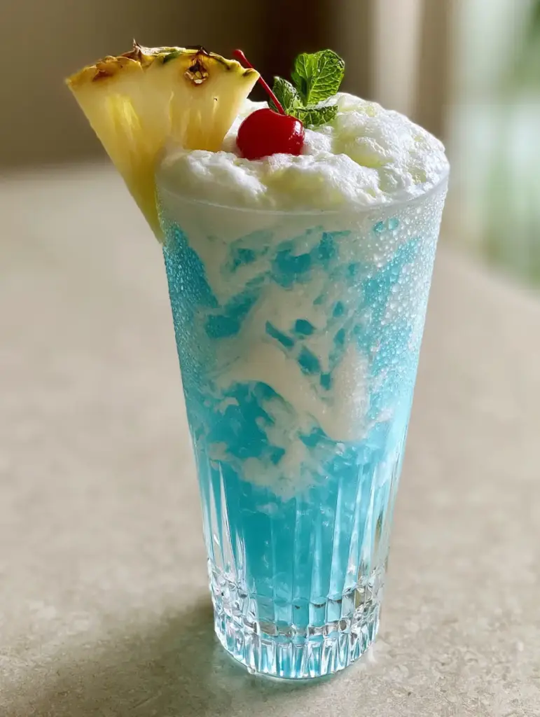 Close up view of the frothy pineapple foam and maraschino cherry garnish on a Blue Hawaii Mocktail.