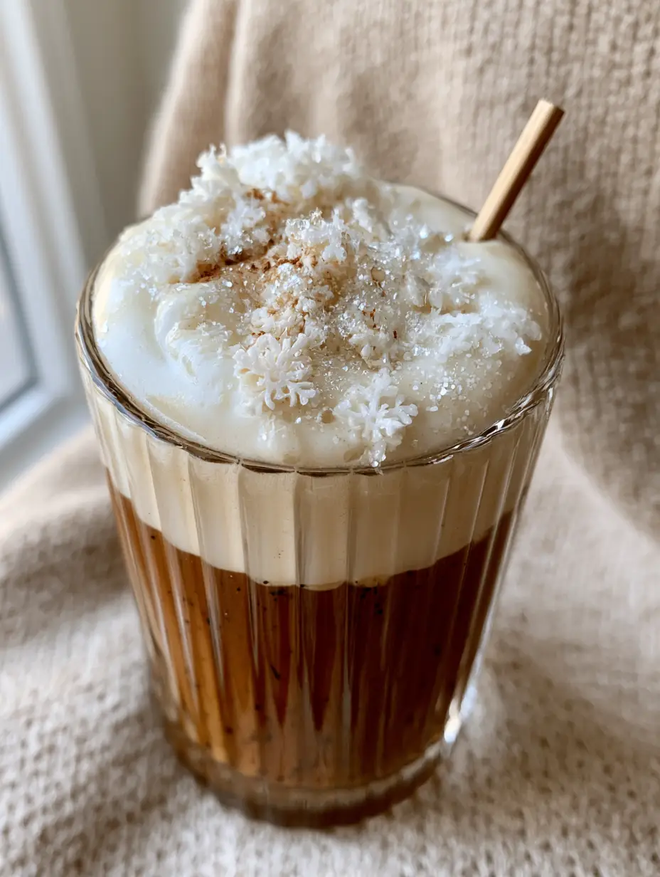 Close up of a Vanilla Almond Snowflake Latte showing the dark espresso base and thick 2-inch glossy almond milk foam.