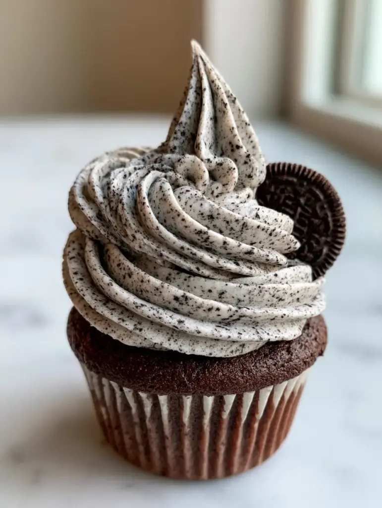 Oreo frosting: The Ultimate Stiff Cookies and Cream Buttercream 1 Professional Oreo frosting piped on a chocolate cupcake sitting on a white marble counter in natural light.
