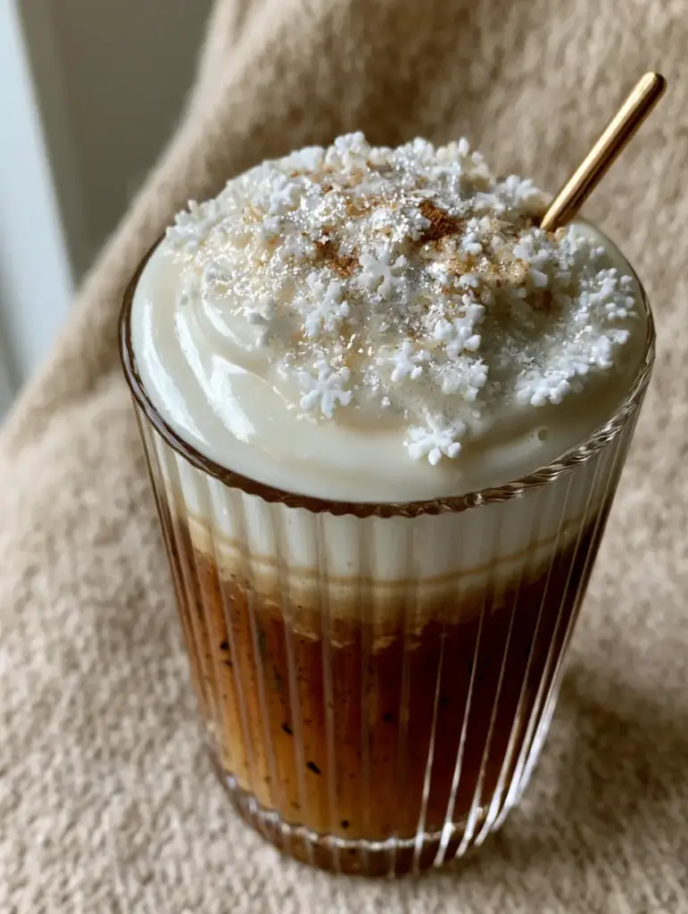 Top view of Vanilla Almond Snowflake Latte garnished with sugar snowflakes, cinnamon, and edible silver glitter.