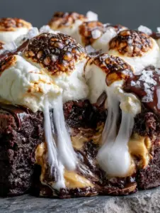 Extreme macro close-up of Marshmallow Peanut Butter Brownies being pulled apart with gooey marshmallow strands.
