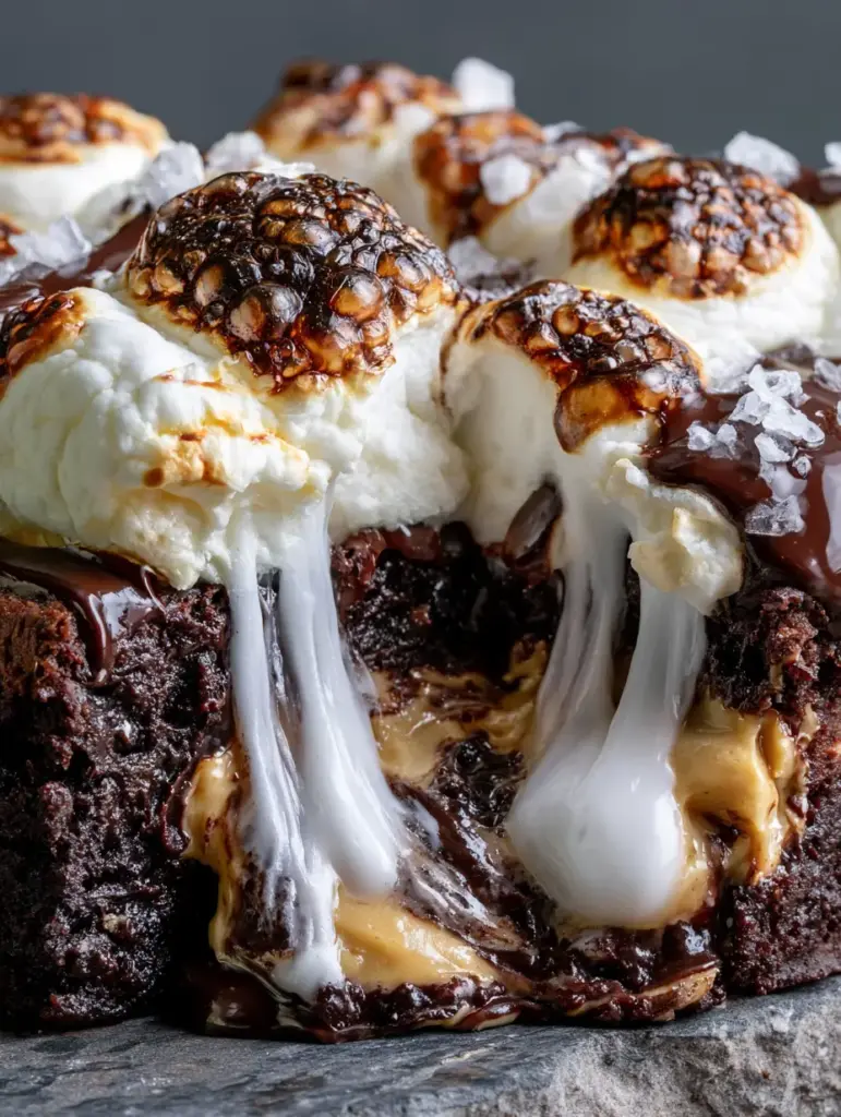 Marshmallow Peanut Butter Brownies: The Ultimate Fudgy Decadence 2 Extreme macro close-up of Marshmallow Peanut Butter Brownies being pulled apart with gooey marshmallow strands.