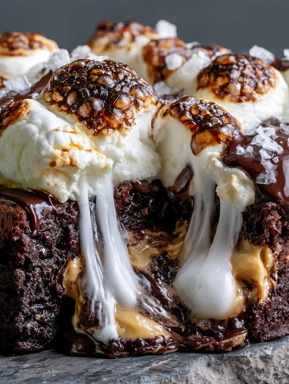 Marshmallow Peanut Butter Brownies: The Ultimate Fudgy Decadence 4 Extreme macro close-up of Marshmallow Peanut Butter Brownies being pulled apart with gooey marshmallow strands.
