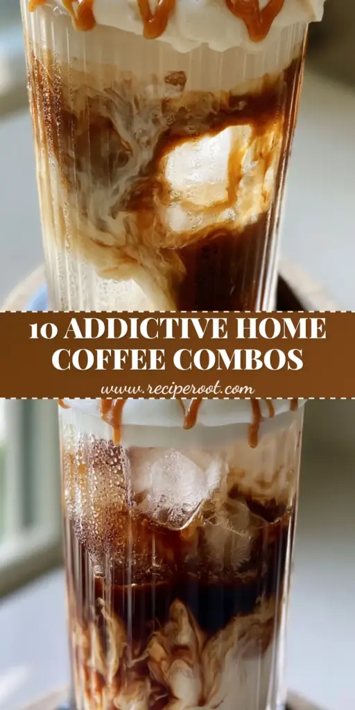 Coffee flavors: The Ultimate Iced Toasted Marshmallow Salted Caramel Latte 4 A tall ribbed glass of layered iced coffee with toasted marshmallow syrup, marbled espresso, and thick vanilla cold foam garnished with caramel and hazelnuts. (Coffee flavors)