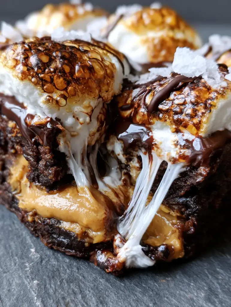 Marshmallow Peanut Butter Brownies: The Ultimate Fudgy Decadence 1 Close-up of toasted golden-brown marshmallows and melted semi-sweet chocolate drizzle on Marshmallow Peanut Butter Brownies.