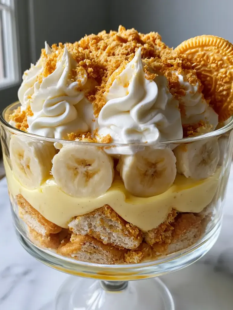 Golden Oreo Banana Pudding: The Ultimate Creamy Layered Trifle 2 Close-up of Golden Oreo Banana Pudding layers showing thick pale yellow custard and fresh banana slices in a glass bowl. (Golden Oreo Banana Pudding)