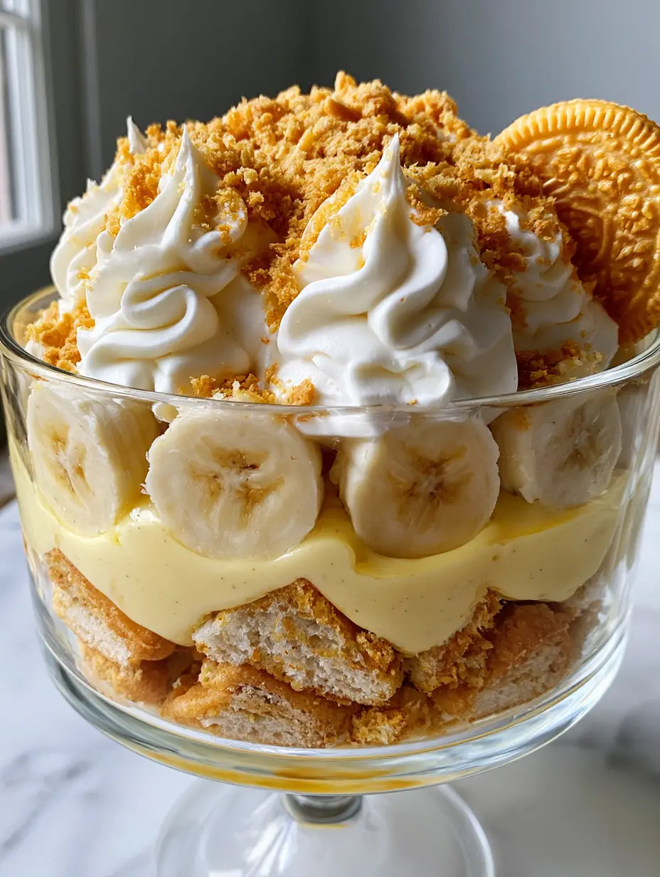 Golden Oreo Banana Pudding: The Ultimate Creamy Layered Trifle 3 Close-up of Golden Oreo Banana Pudding layers showing thick pale yellow custard and fresh banana slices in a glass bowl. (Golden Oreo Banana Pudding)