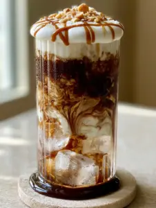 Side view of a ribbed glass showing the dark toasted marshmallow syrup layer and marbled coffee flavors. (Coffee flavors)