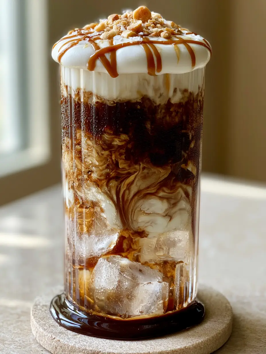 Coffee flavors: The Ultimate Iced Toasted Marshmallow Salted Caramel Latte 3 Side view of a ribbed glass showing the dark toasted marshmallow syrup layer and marbled coffee flavors. (Coffee flavors)