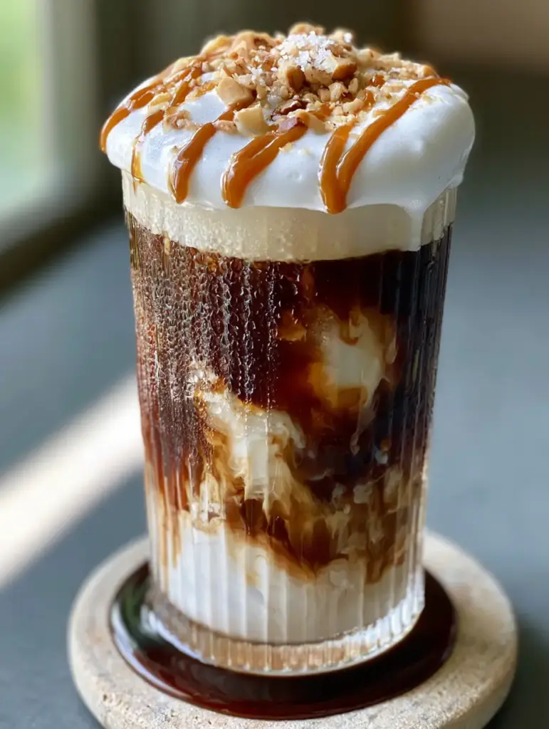 Coffee flavors: The Ultimate Iced Toasted Marshmallow Salted Caramel Latte 1 Close up of vanilla bean cold foam with salted caramel drizzle and crushed hazelnuts.