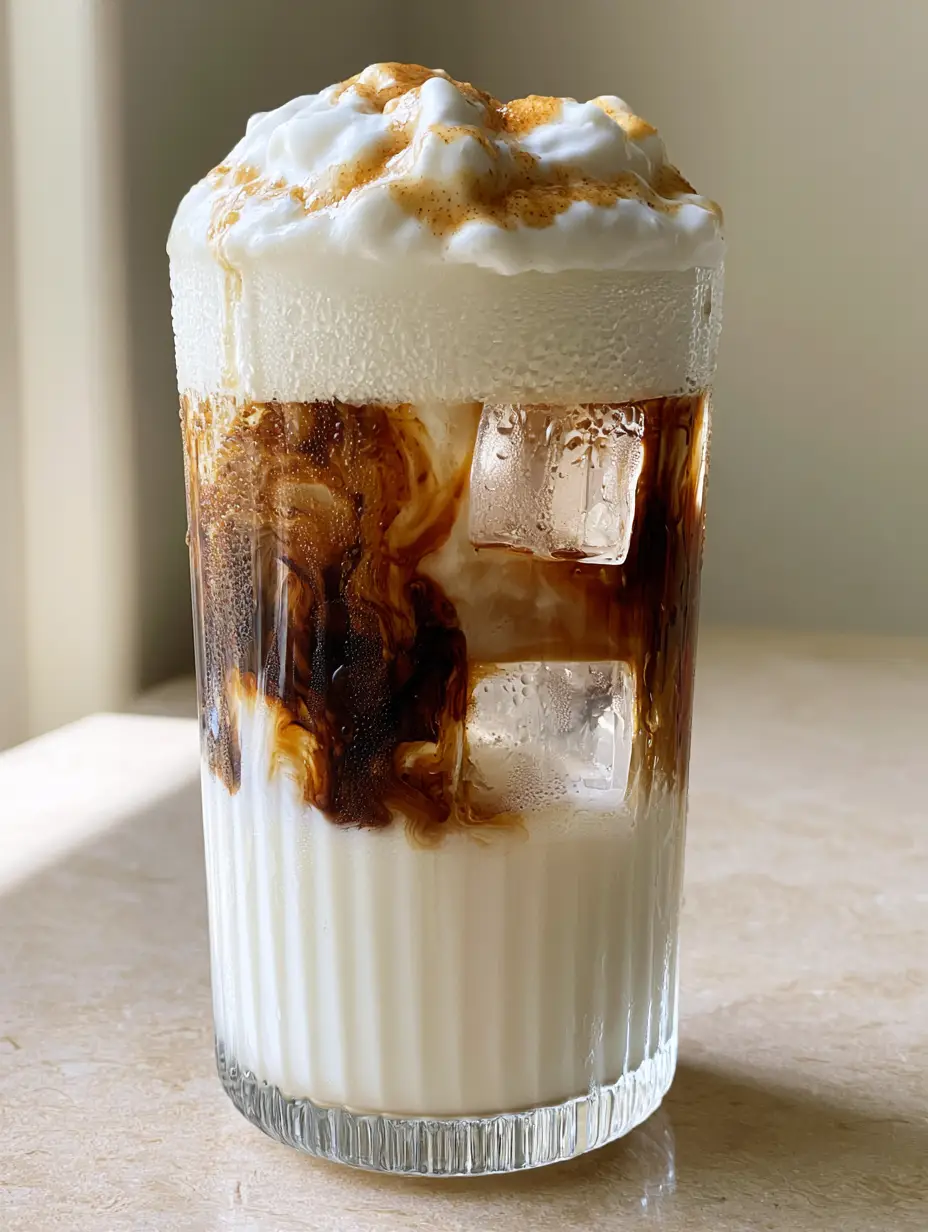 Nespresso Coffee Recipes: The Ultimate Iced Vanilla Sweet Cream Latte 3 Handheld photo of a marbled Nespresso latte in a ribbed glass on a stone countertop. (Nespresso coffee recipes)