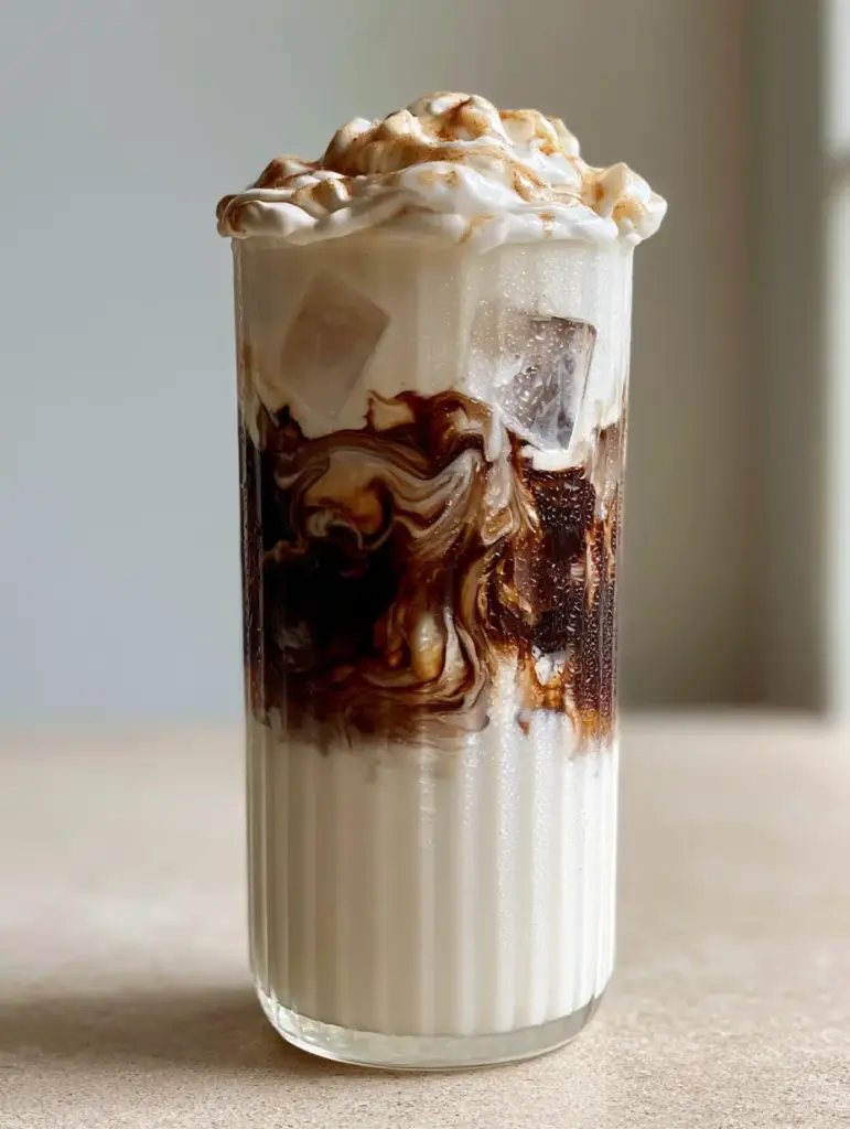 Nespresso Coffee Recipes: The Ultimate Iced Vanilla Sweet Cream Latte 1 Close-up of thick vanilla sweet cream cold foam and brown sugar syrup drizzle on a Nespresso drink.