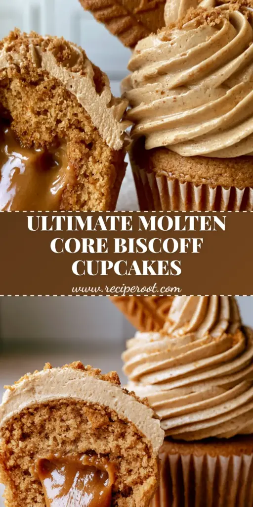 Biscoff Cupcakes with Molten Cookie Butter Center and Speculoos Buttercream 4 A towering Biscoff cupcake with a whole Lotus biscuit garnish and fine cookie crumbs on a neutral background. (Biscoff cupcakes)