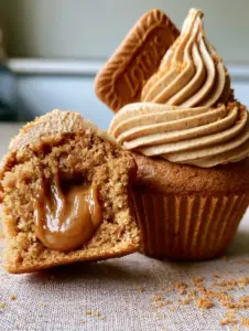 Two Biscoff cupcakes on linen, one sliced to reveal a thick molten cookie butter core glistening in natural light. (Biscoff cupcakes)