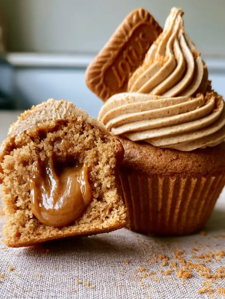 Biscoff Cupcakes with Molten Cookie Butter Center and Speculoos Buttercream 2 Two Biscoff cupcakes on linen, one sliced to reveal a thick molten cookie butter core glistening in natural light. (Biscoff cupcakes)
