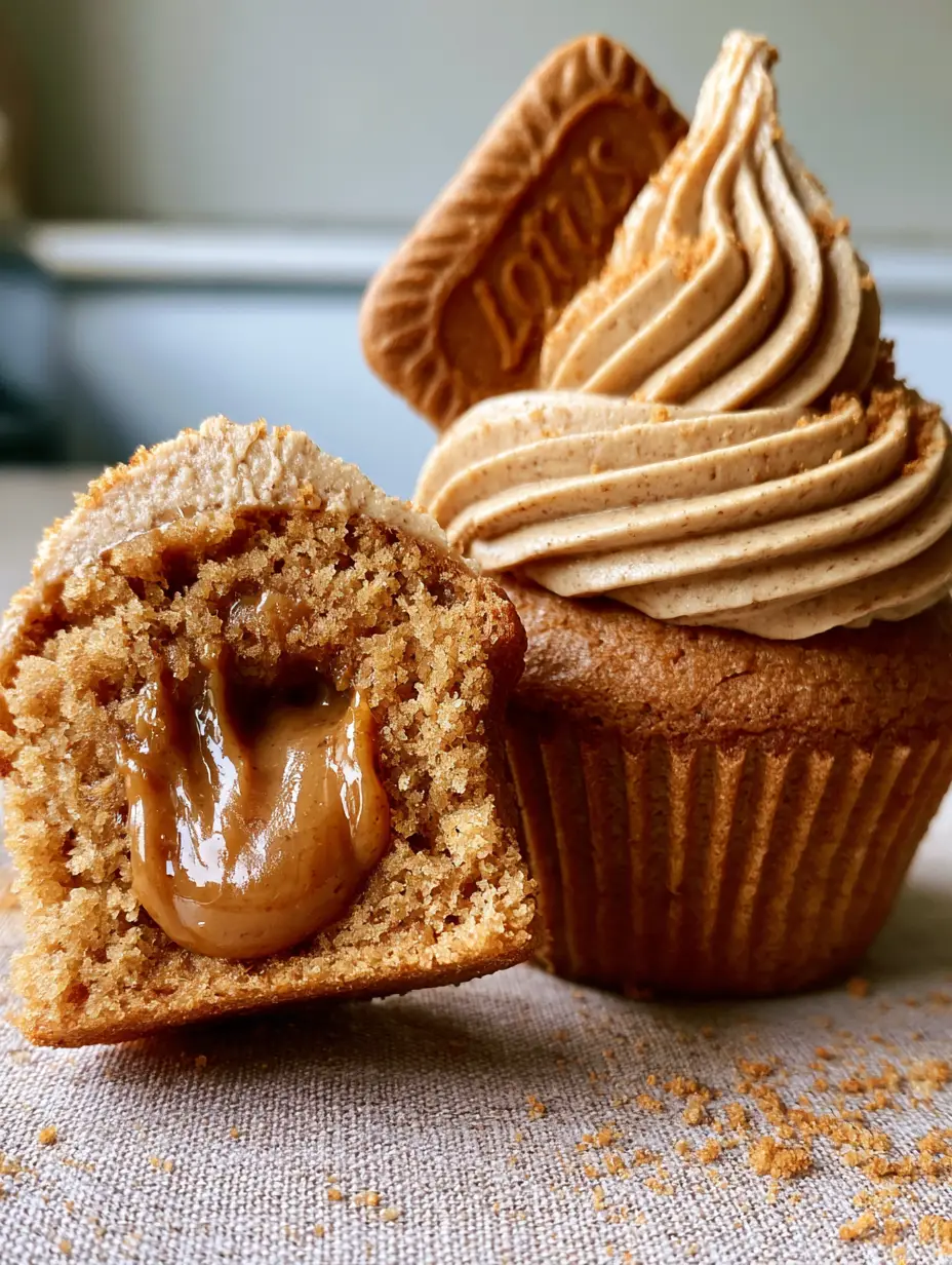 Biscoff Cupcakes with Molten Cookie Butter Center and Speculoos Buttercream 3 Two Biscoff cupcakes on linen, one sliced to reveal a thick molten cookie butter core glistening in natural light. (Biscoff cupcakes)