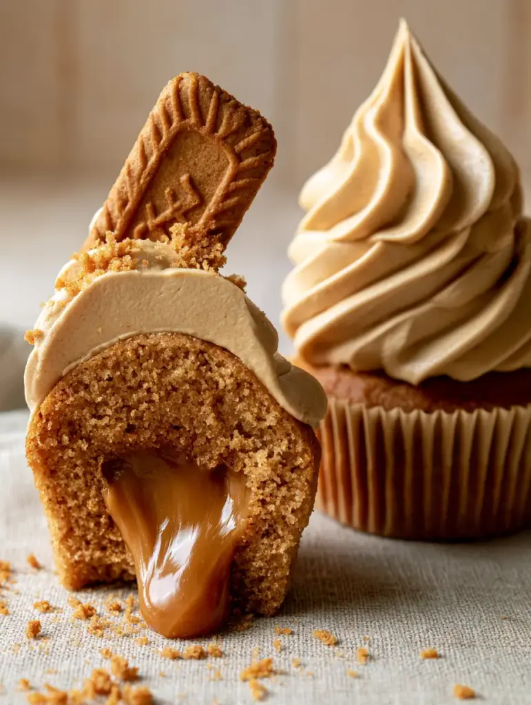 Biscoff Cupcakes with Molten Cookie Butter Center and Speculoos Buttercream 1 Close up of Biscoff cupcakes showing the velvety buttercream ridges and a whole Lotus biscuit garnish. (Biscoff cupcakes)