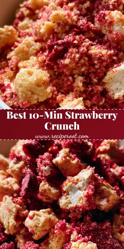 Strawberry Crunch Topping (The Best No-Bake Recipe) 3 A close-up of a bowl containing homemade strawberry crunch topping with golden cookie pieces and red strawberry bits. (strawberry crunch topping)
