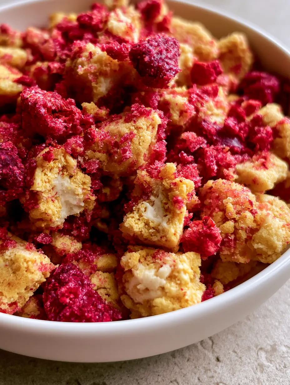 Strawberry Crunch Topping (The Best No-Bake Recipe) 4 Extreme macro close-up of jagged strawberry crunch topping in a white bowl showing sugar crystals and ruby-red bits. (strawberry crunch topping)