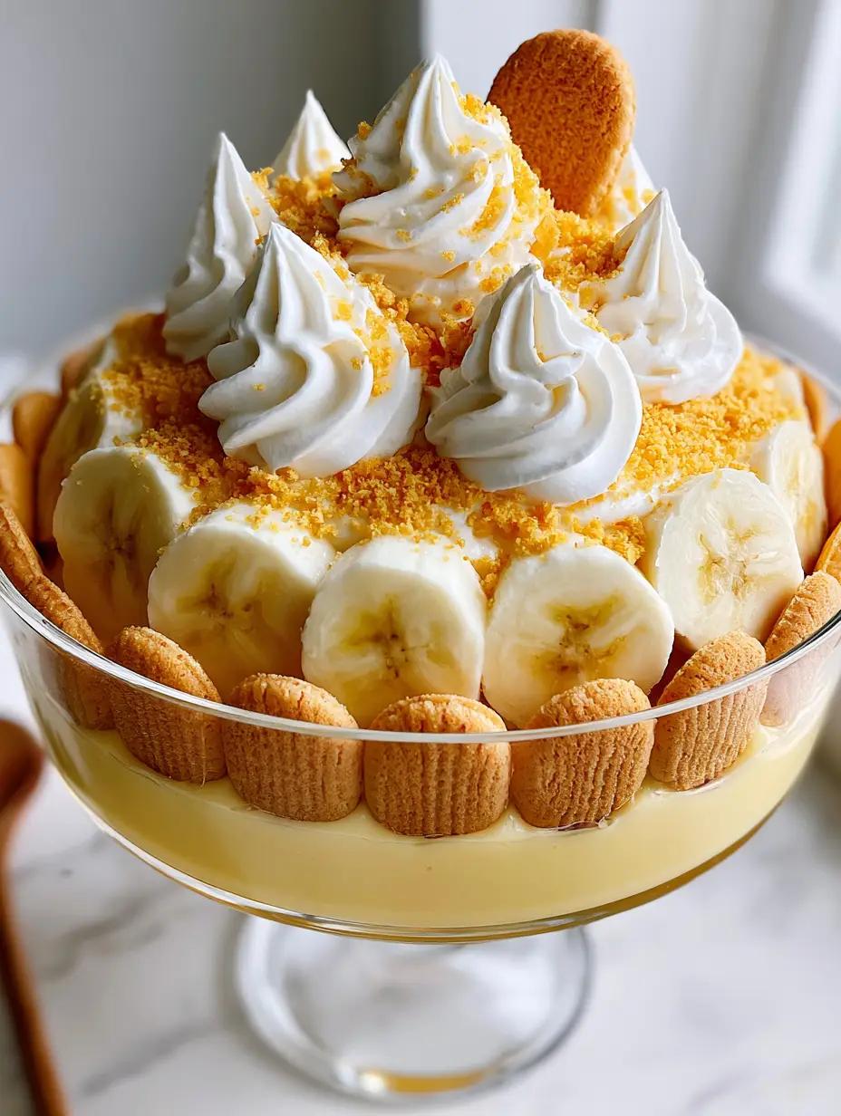 Creamy Banana Pudding with Velvet Custard and Stiff Whipped Peaks 3 Close-up eye-level photo of Creamy Banana Pudding layers showing thick pale yellow custard and crisp Nilla wafers standing upright.