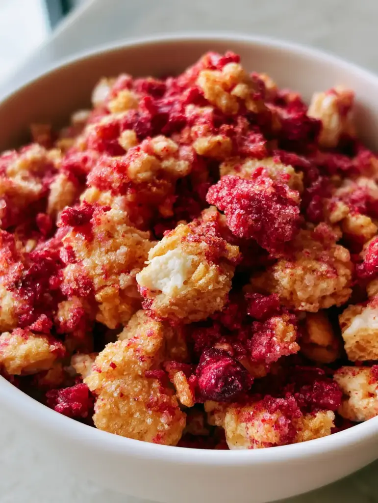 Strawberry Crunch Topping (The Best No-Bake Recipe) 1 Detailed shot of glistening crimson strawberry dust and golden cookie crumbles in a minimalist bowl.