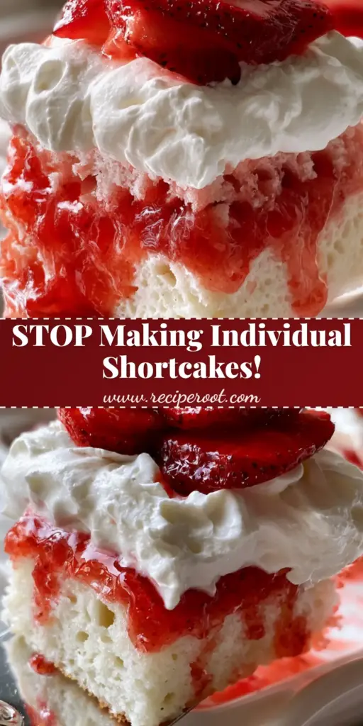Strawberry Shortcake Sheet Cake with Fresh Strawberry Reduction 4 A square slice of Strawberry Shortcake Sheet Cake with vibrant red reduction filling poked holes and a 1-inch whipped cream topping.