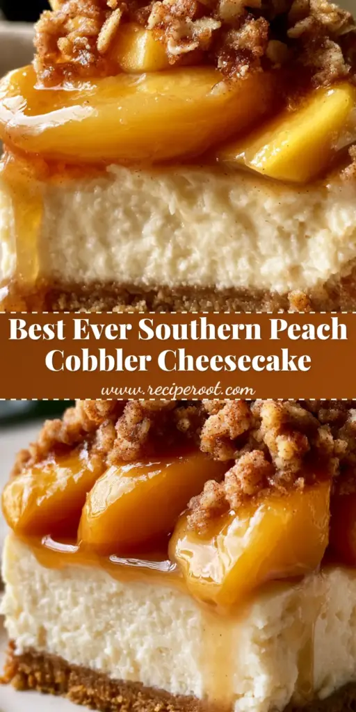 Peach Cobbler Cheesecake: The Ultimate Southern Fusion Dessert 4 A thick slice of Peach Cobbler Cheesecake with amber cinnamon syrup, fresh peach wedges, and a jagged oat crumble mountain.