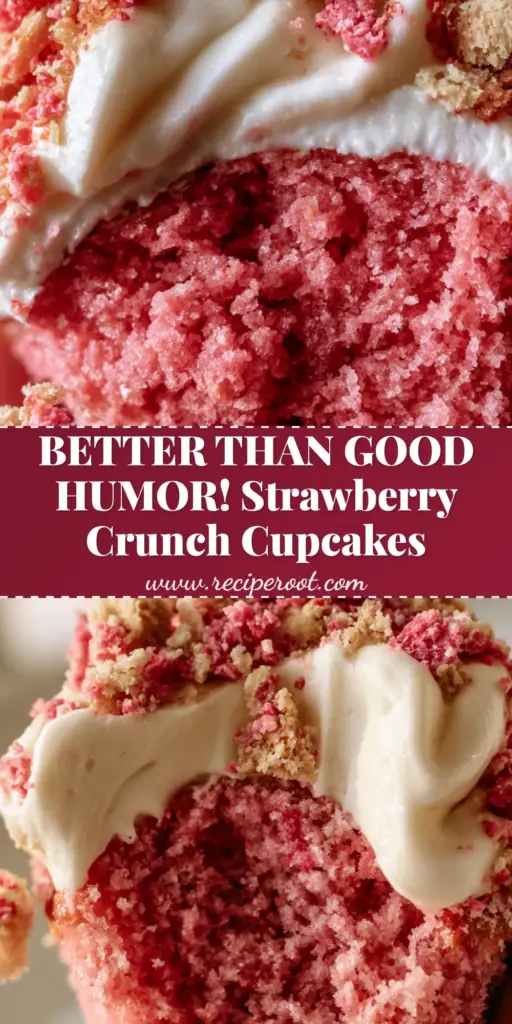 A close-up of a strawberry crunch cupcake featuring a thick swirl of white cream cheese frosting encrusted with pink and tan shortcake crumbles.