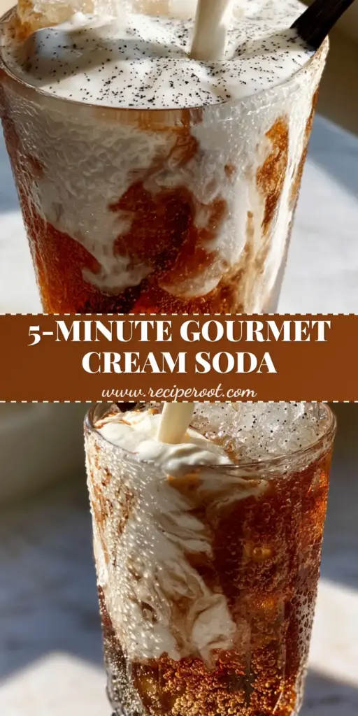 Vanilla Bourbon Cream Soda: The Ultimate Artisanal Gourmet Mocktail 4 A close-up of vanilla bourbon cream soda with heavy cream swirling into amber liquid, topped with a vanilla bean garnish.
