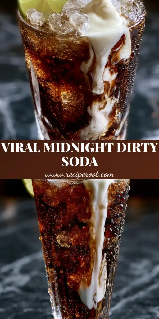 Midnight Malibu Dirty Soda with Dr Pepper and Coconut Rum 3 A Midnight Malibu Dirty Soda in a fluted glass with pebble ice, showing the thick heavy cream swirl and maraschino cherry on a charcoal marble background.